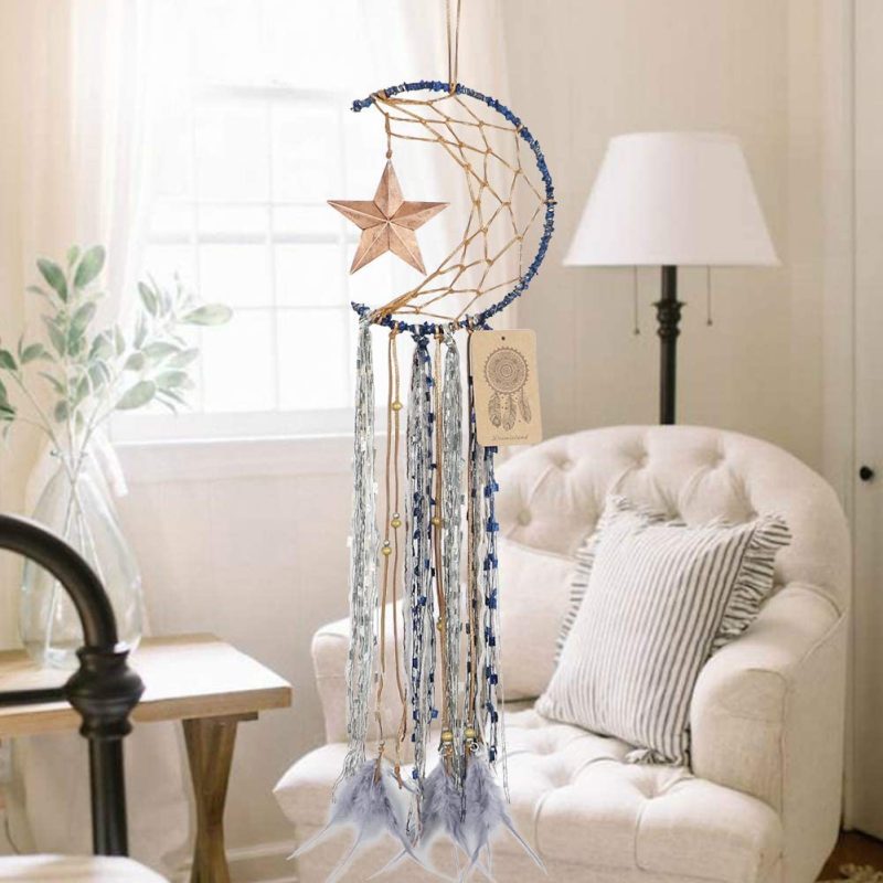 Home Décor |  Dremisland Blue Dream Catcher Handmade Half Circle Moon Design Dream Catcher Feather Hanging With Star Home Decoration Ornament Festival Gift (Moon& Star) Home Décor A-blue Moon& Star