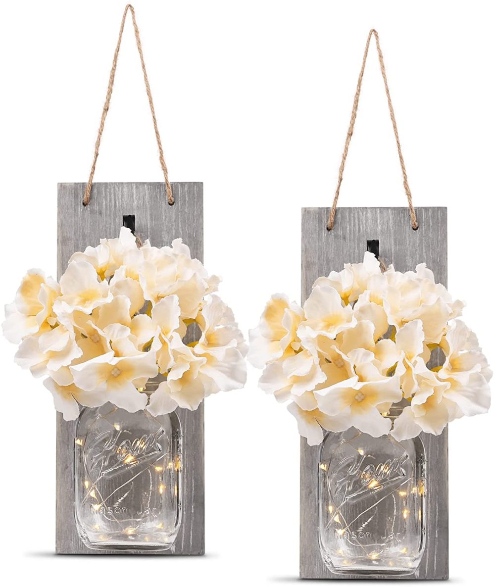 Home Décor |  Homko Decorative Mason Jar Wall Decor – Rustic Wall Sconces With 6-Hour Timer Led Fairy Lights And Flowers – Farmhouse Home Decor (Set Of 2) Home Décor brown