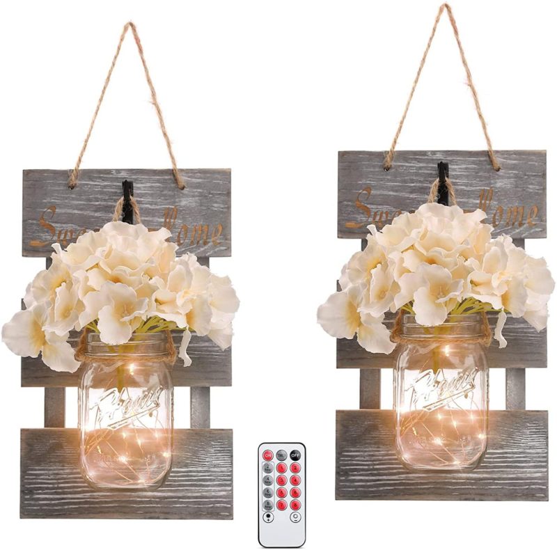 Home Décor |  Homko Decorative Mason Jar Wall Decor – Rustic Wall Sconces With 6-Hour Timer Led Fairy Lights And Flowers – Farmhouse Home Decor (Set Of 2) Home Décor brown