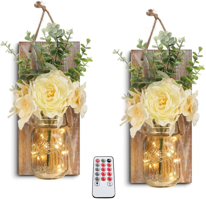 Home Décor |  Homko Decorative Mason Jar Wall Decor – Rustic Wall Sconces With 6-Hour Timer Led Fairy Lights And Flowers – Farmhouse Home Decor (Set Of 2) Home Décor brown