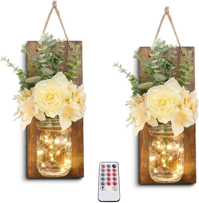 Home Décor |  Homko Decorative Mason Jar Wall Decor – Rustic Wall Sconces With 6-Hour Timer Led Fairy Lights And Flowers – Farmhouse Home Decor (Set Of 2) Home Décor brown