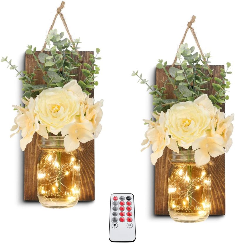 Home Décor |  Homko Decorative Mason Jar Wall Decor – Rustic Wall Sconces With 6-Hour Timer Led Fairy Lights And Flowers – Farmhouse Home Decor (Set Of 2) Home Décor brown