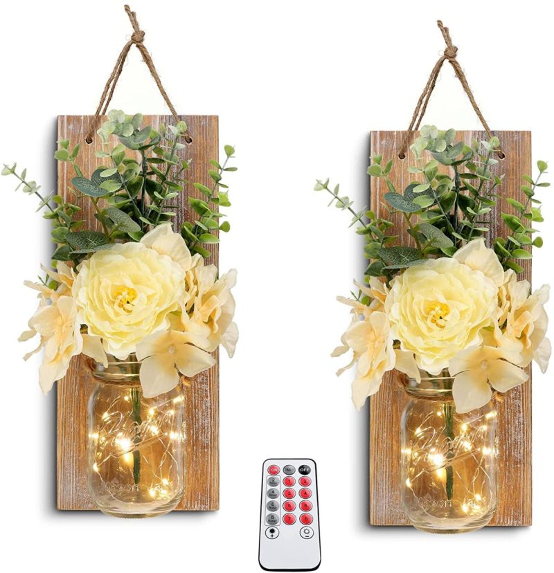 Home Décor |  Homko Decorative Mason Jar Wall Decor – Rustic Wall Sconces With 6-Hour Timer Led Fairy Lights And Flowers – Farmhouse Home Decor (Set Of 2) Home Décor brown