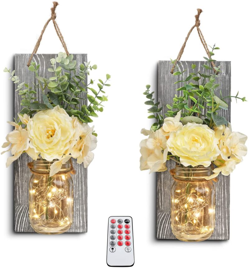 Home Décor |  Homko Decorative Mason Jar Wall Decor – Rustic Wall Sconces With 6-Hour Timer Led Fairy Lights And Flowers – Farmhouse Home Decor (Set Of 2) Home Décor brown