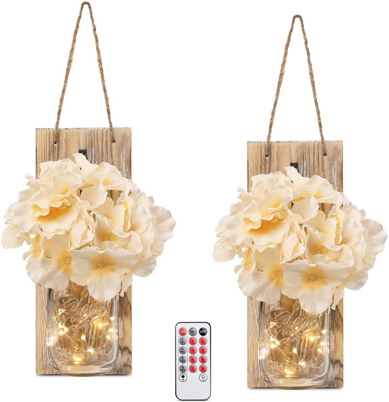 Home Décor |  Homko Decorative Mason Jar Wall Decor – Rustic Wall Sconces With 6-Hour Timer Led Fairy Lights And Flowers – Farmhouse Home Decor (Set Of 2) Home Décor brown