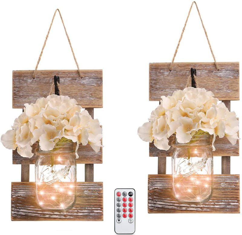 Home Décor |  Homko Decorative Mason Jar Wall Decor – Rustic Wall Sconces With 6-Hour Timer Led Fairy Lights And Flowers – Farmhouse Home Decor (Set Of 2) Home Décor brown