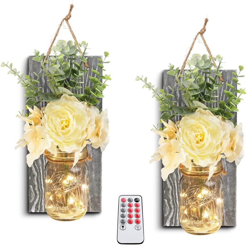 Home Décor |  Homko Decorative Mason Jar Wall Decor – Rustic Wall Sconces With 6-Hour Timer Led Fairy Lights And Flowers – Farmhouse Home Decor (Set Of 2) Home Décor brown