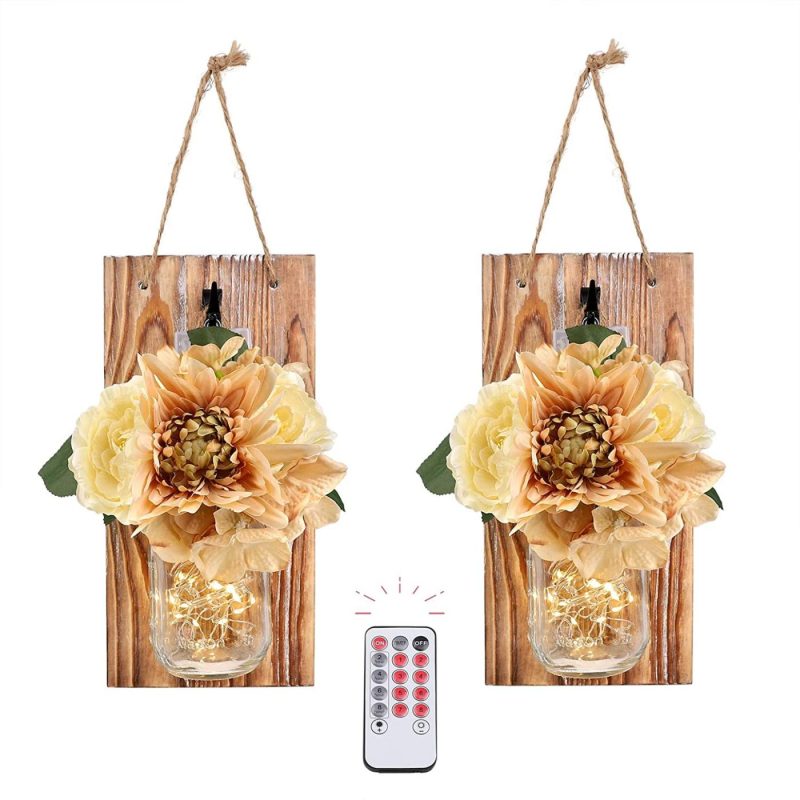 Home Décor |  Homko Decorative Mason Jar Wall Decor – Rustic Wall Sconces With 6-Hour Timer Led Fairy Lights And Flowers – Farmhouse Home Decor (Set Of 2) Home Décor brown