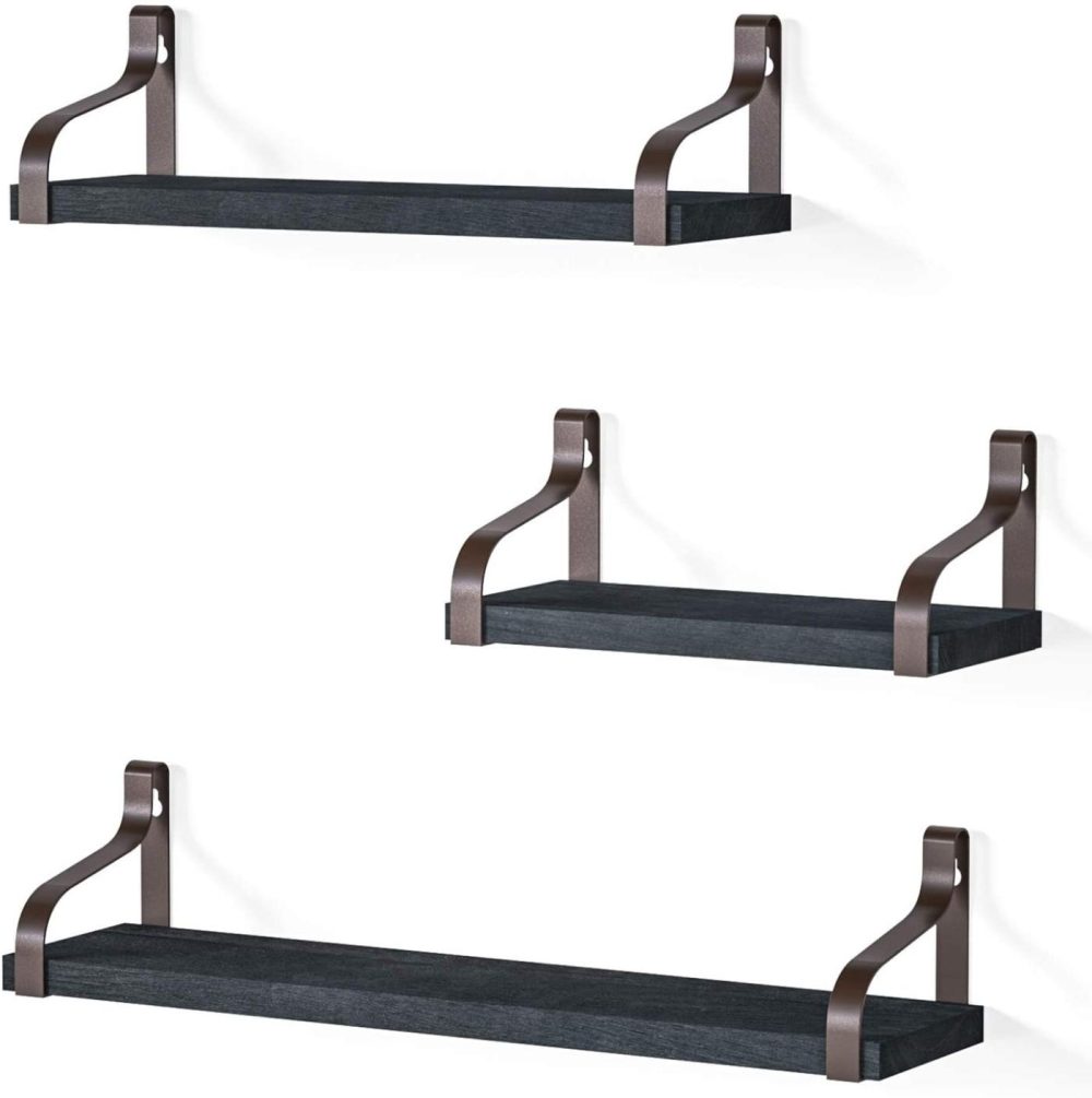 Home Décor |  Love-Kankei Floating Shelves Wall Mounted Rustic Wood Wall Shelves Set Of 3 For Bedroom Living Room Bathroom Kitchen Black/Brown Brackets Home Décor Black/Brown Brackets