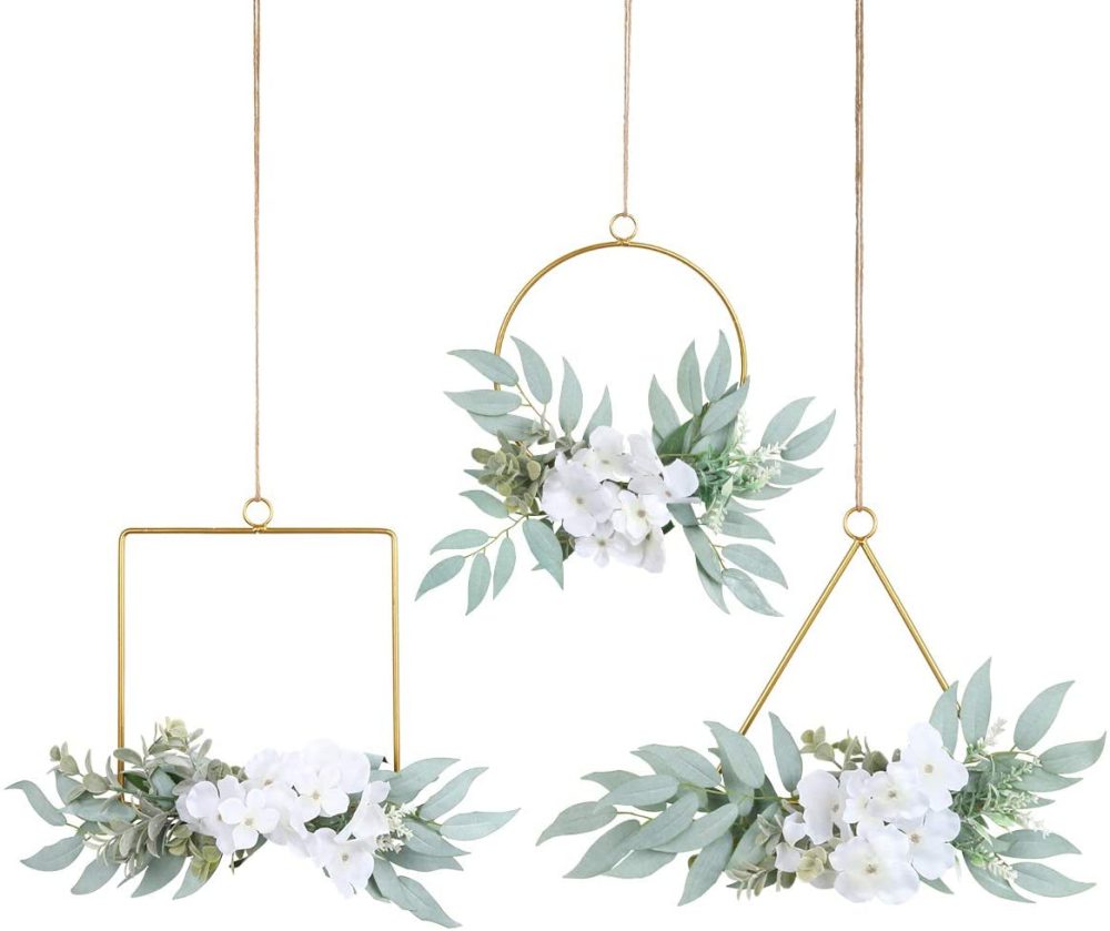 Home Décor |  Pauwer Artificial Willow Leaves Metal Hoop Wreath Set Of 3 Willow Leaves Greenery With White Silk Hydrangea Flower Hanging Wall Hoop Garland Home Décor Home Décor