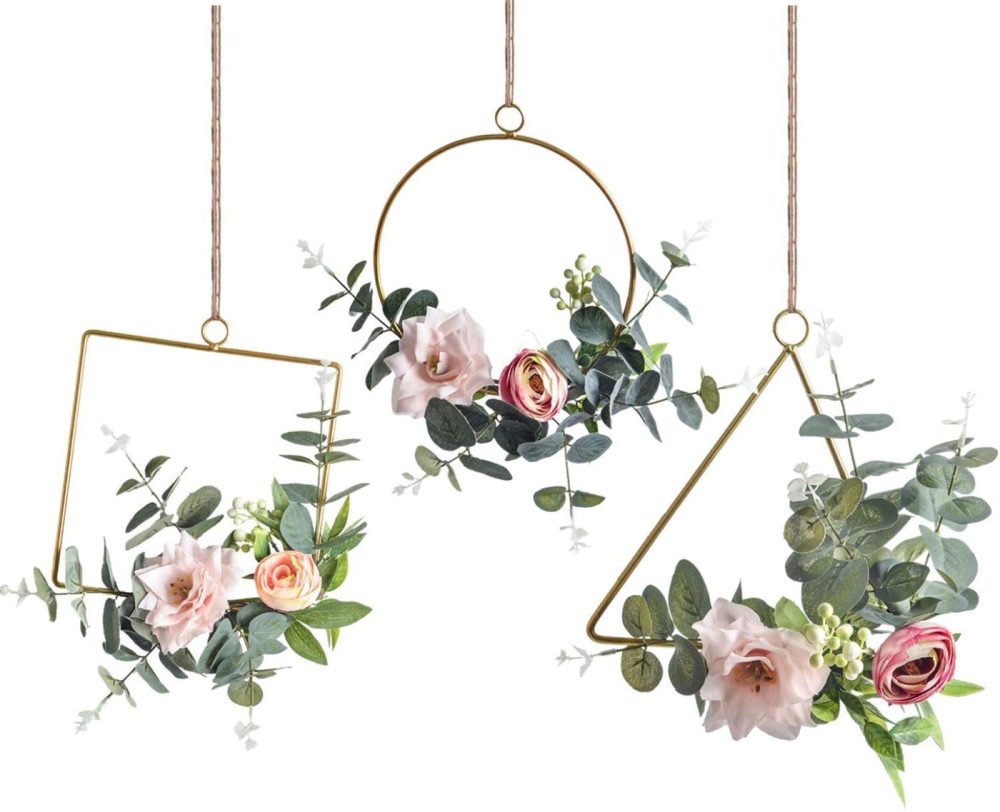 Home Décor |  Pauwer Floral Hoop Wreath Set Of 3 Artificial Flower Hanging Wall Hoop Garland Wedding Nursery Wall Decor (Clematis With Tea Rose) Home Décor Clematis With Tea Rose