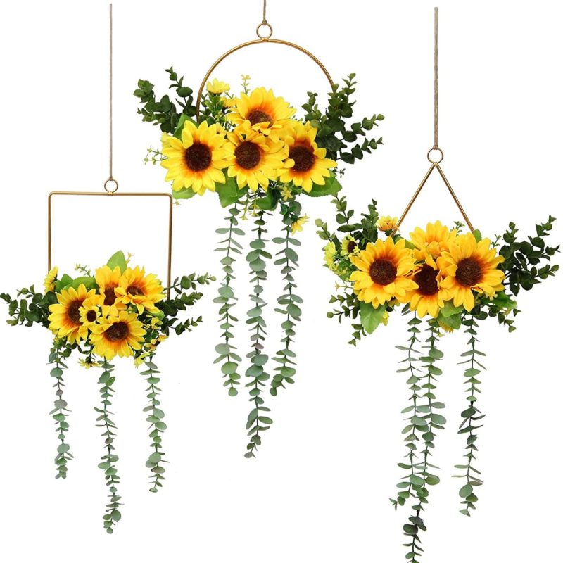 Home Décor |  Pauwer Metal Floral Hoop Wreath Set Of 3 Artificial Sunflower Wall Hanging Hoop Garland Metal Ring Floral Wedding Wreath With Eucalyptus Garland For Nursery Wall Wedding Decor Home Décor Home Décor