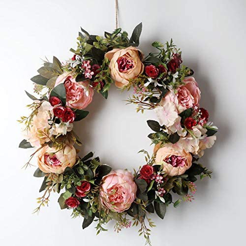 Home Décor |  Peony Spring Wreath For Front Door, Handmade Pink Floral Wreath Artificial Spring Garland Wreath For Front Door Wall Wedding Party Home Deco Home Décor BingooPan