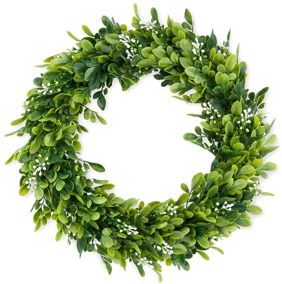 Home Décor |  Souarts 14" Boxwood Wreath-Artificial Greenery Wreath, Front Door Wreath For Indoor Outdoor, Home Office Wall Wedding Holiday Decor Spring Wreath Summer Wreath Education & Crafts A-green-white-boxwood