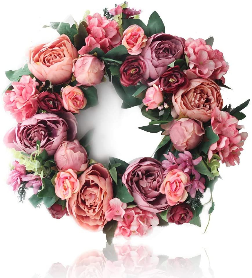 Home Décor |  Souarts 15" Peony Wreath-Artificial Wreath, Front Door Red Peony Wreath For Indoor Outdoor, Home Office Wall Wedding Holiday Dark Red Peony Wreath Decor Spring Wreath Summer Wreath Education & Crafts C-pink Dark