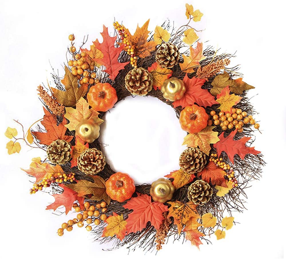 Home Décor |  Souarts 17.7" Fall Wreath For Front Door, Large Pumpkin Wreath Halloween Wreath, Table Wreath Autumn Wreath, Berries Maple Leaf Wreath Decoration For Thanksgiving Halloween Wreath Decor Home Décor Home Décor