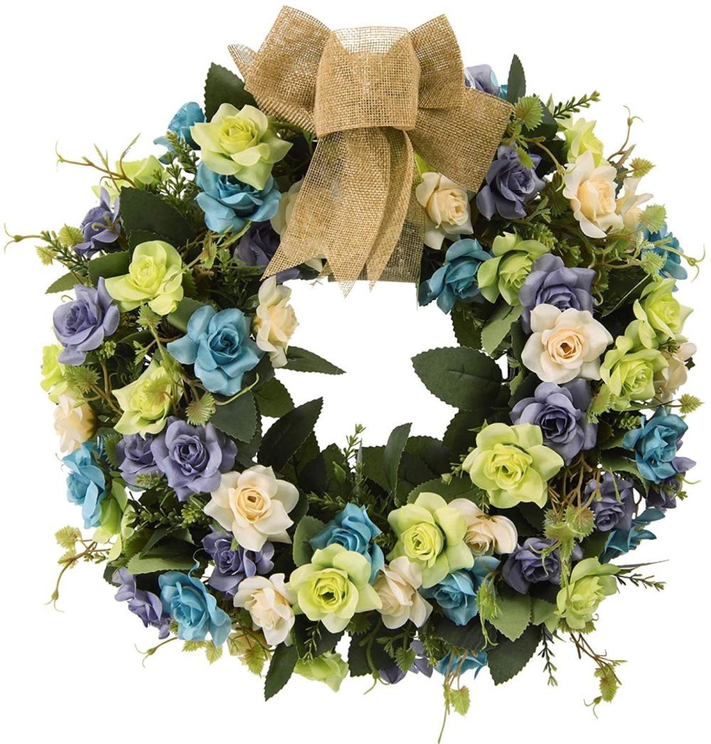 Home Décor |  U’Artlines 15” Artificial Wreath Hanging Rose Garland Swag For Indoor Outdoor Window Wall Wedding Party Decoration (Floral Wreath, 15” Rose Blue/Cream) Home Décor Home Décor