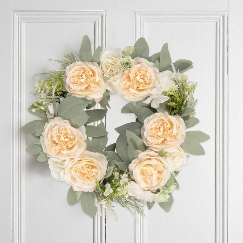 Home Décor |  U’Artlines Fake Flowers Door Wreath 18" Floral Artificial Roses Wreath With Green Leaves Handmade For Front Door Farmhouse Welcome Door Wall Home Decor Office (Champagne) Education & Crafts Education & Crafts