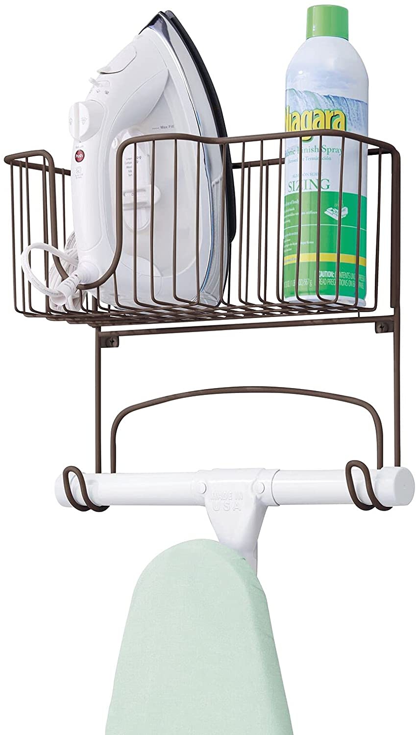 Irons & Steamers |  Mdesign Metal Wall Mount Ironing Board Holder With Large Storage Basket – Easy Installation, Holds Iron, Board, Spray Bottles, Starch, Fabric Refresher For Laundry Rooms – Bronze Home Decor & Cleaning Bronze