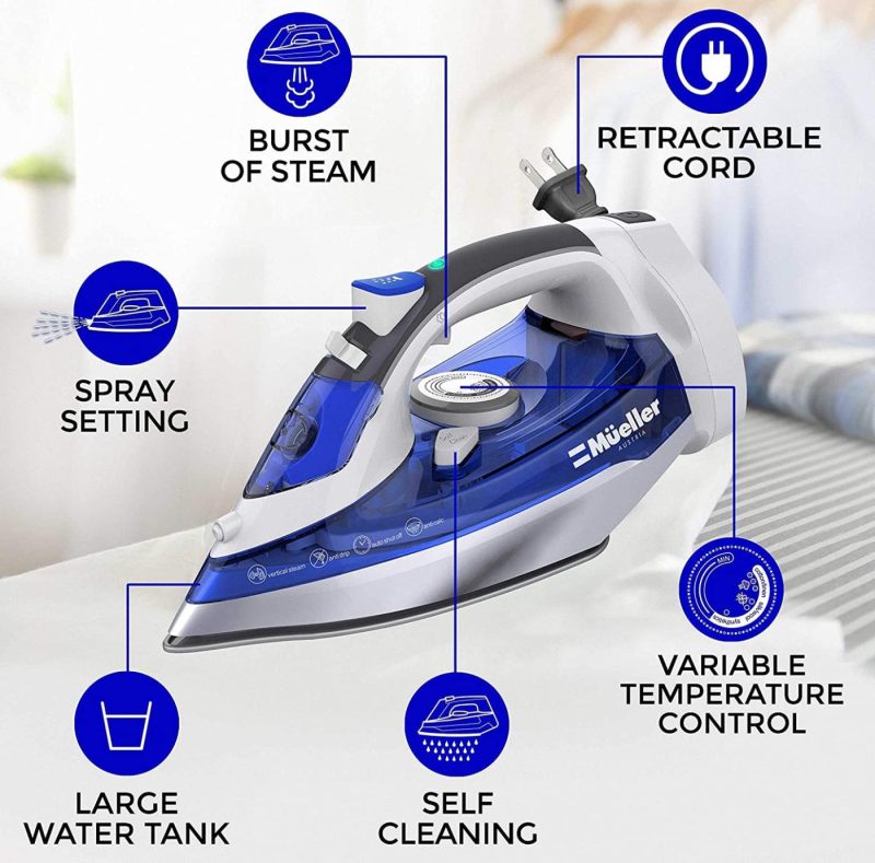 Irons & Steamers |  Mueller Professional Grade Steam Iron, Retractable Cord For Easy Storage, Shot Of Steam/Vertical Shot, 8 Ft Cord, 3 Way Auto Shut Off, Self Clean Home Decor & Cleaning Blue