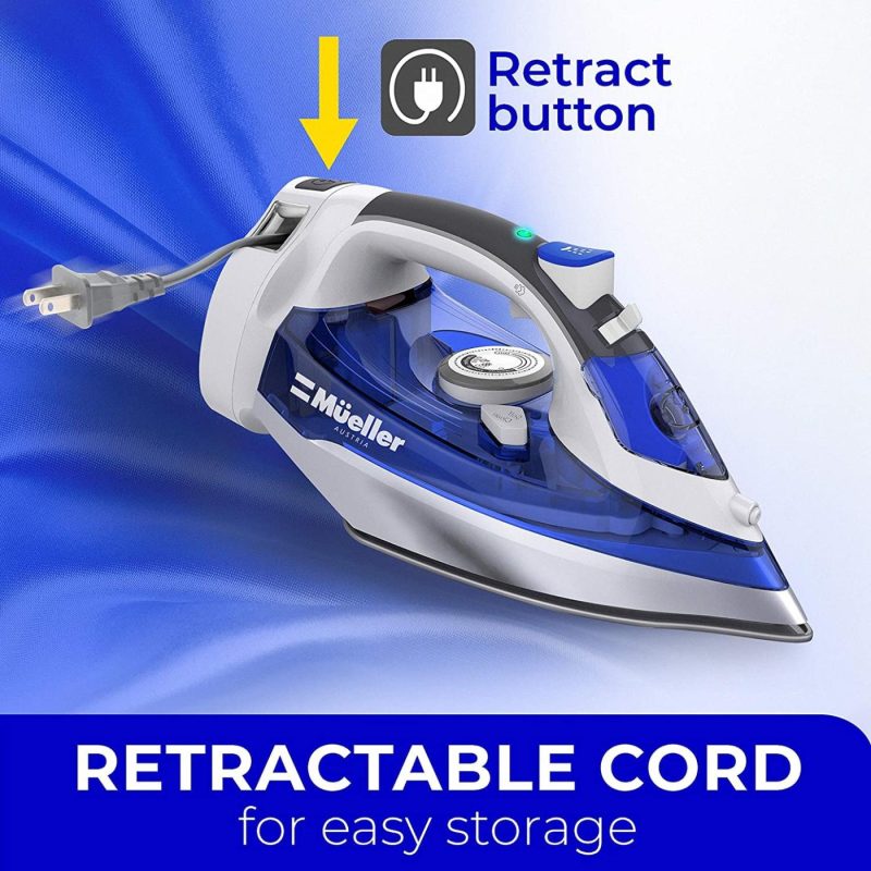 Irons & Steamers |  Mueller Professional Grade Steam Iron, Retractable Cord For Easy Storage, Shot Of Steam/Vertical Shot, 8 Ft Cord, 3 Way Auto Shut Off, Self Clean Home Decor & Cleaning Blue