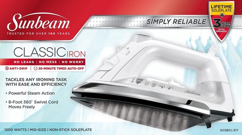 Irons & Steamers |  Sunbeam Classic 1200 Watt Mid-Size Anti-Drip Non-Stick Soleplate Iron With Shot Of Steam/Vertical Shot Feature And 8′ 360-Degree Swivel Cord, White/Clear, Gcsbcl-317-000 Home Decor & Cleaning Iron