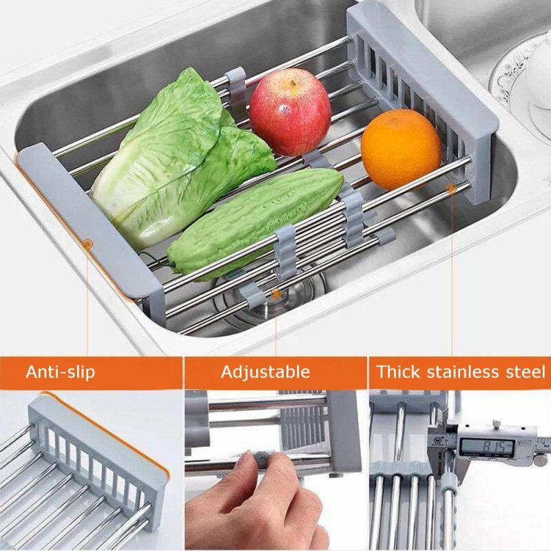 Kitchen & Dining |  Expandable Dish Drying Rack Over The Sink Dish Basket Drainer With Telescopic Arms Functional Kitchen Sink Organizer For Vegetable (8"-17") X 3.6" X 9" Home Decor & Cleaning Kitchen & Dining