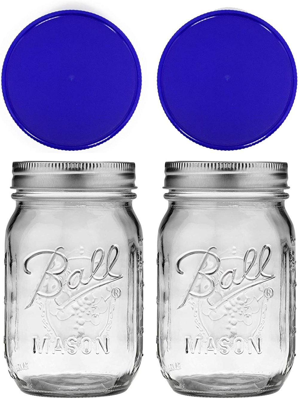 Kitchen & Dining |  2 Ball Mason Jars – Regular Mouth With 2 Plastic (Bpa Free) Storage Lids- Made In The Usa (16Oz Reg Mouth 2 Pack Blue) Cookware Blue