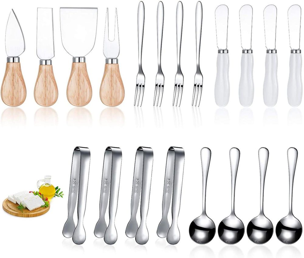 Kitchen & Dining |  20 Pcs Spreader Knife Set Cheese Butter Spreader Knife Cheese Slicer Knife Stainless Steel Blade With Porcelain And Wooden Handles Mini Serving Tongs Spoons And Forks For Christmas (Chic Style) Cutlery & Knife Accessories Bright Style