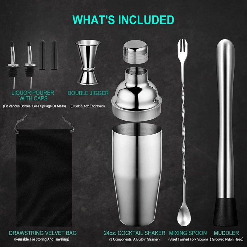 Kitchen & Dining |  24 Oz Cocktail Shaker Set Bartender Kit By Aozita, Stainless Steel Martini Shaker, Mixing Spoon, Muddler, Measuring Jigger, Liquor Pourers With Dust Caps And Manual Of Recipes, Professional Bar Tools Home Decor & Cleaning AOZITA