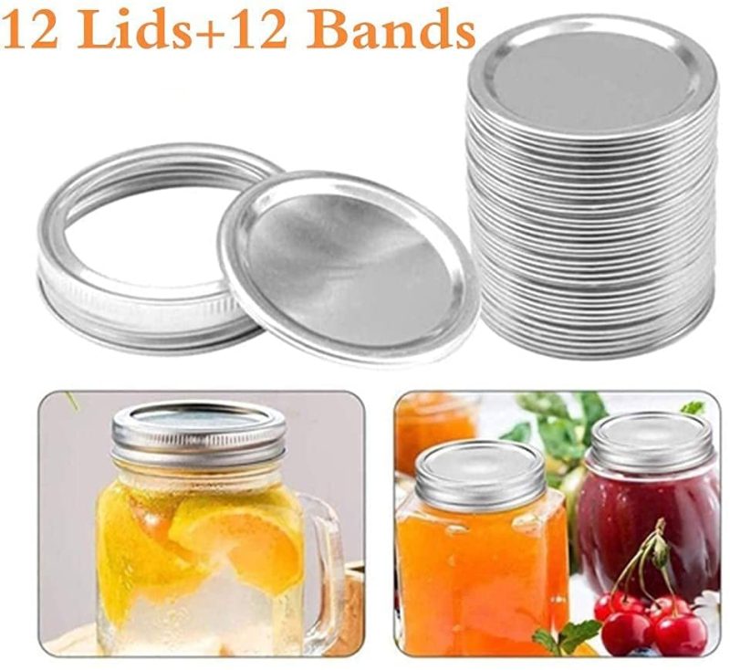 Kitchen & Dining |  24Pcs Regular Mouth Canning Lids And Rings Stainless Steel Mason Jar Lids Reusable Leak Proof Split-Type Silver Lids With Silicone Seals Rings (70Mm) Cookware bANDS