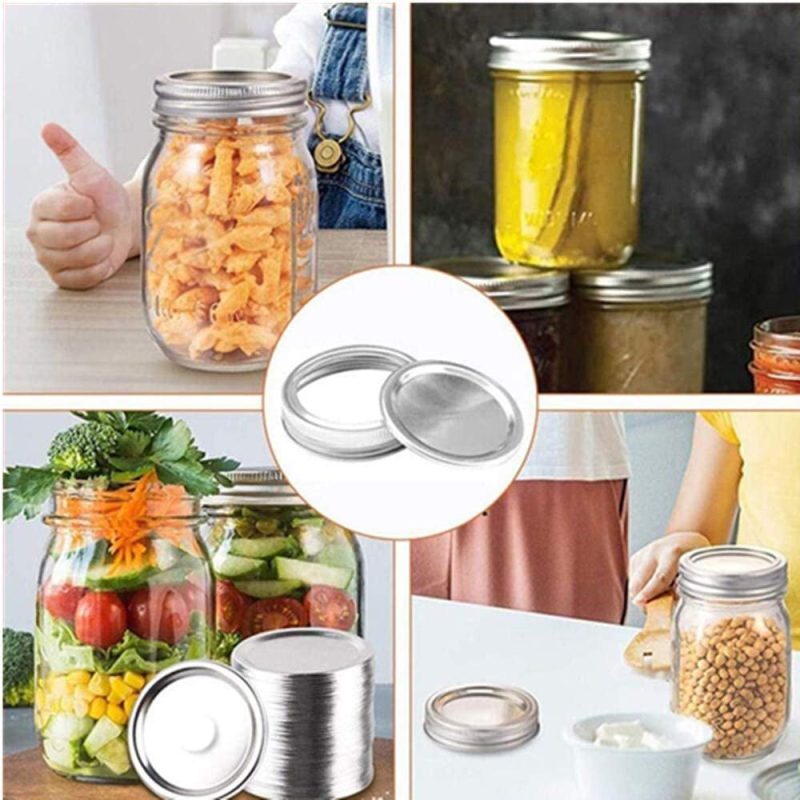 Kitchen & Dining |  24Pcs Regular Mouth Canning Lids And Rings Stainless Steel Mason Jar Lids Reusable Leak Proof Split-Type Silver Lids With Silicone Seals Rings (70Mm) Cookware bANDS