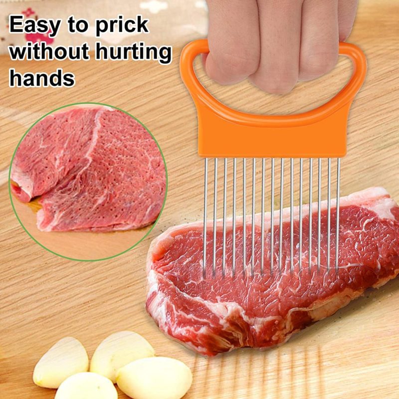 Kitchen & Dining |  2Pcs Ruooson Onion Holder For Slicing, Stainless Steel Prongs Kitchen Slicer, Lemon Cucumber Cutter Comb,Meat Tenderizer,Green And Orange (Orange) Home Decor & Cleaning Kitchen & Dining