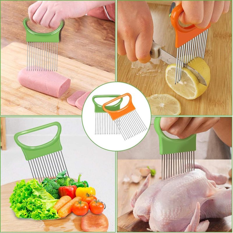 Kitchen & Dining |  2Pcs Ruooson Onion Holder For Slicing, Stainless Steel Prongs Kitchen Slicer, Lemon Cucumber Cutter Comb,Meat Tenderizer,Green And Orange (Orange) Home Decor & Cleaning Kitchen & Dining