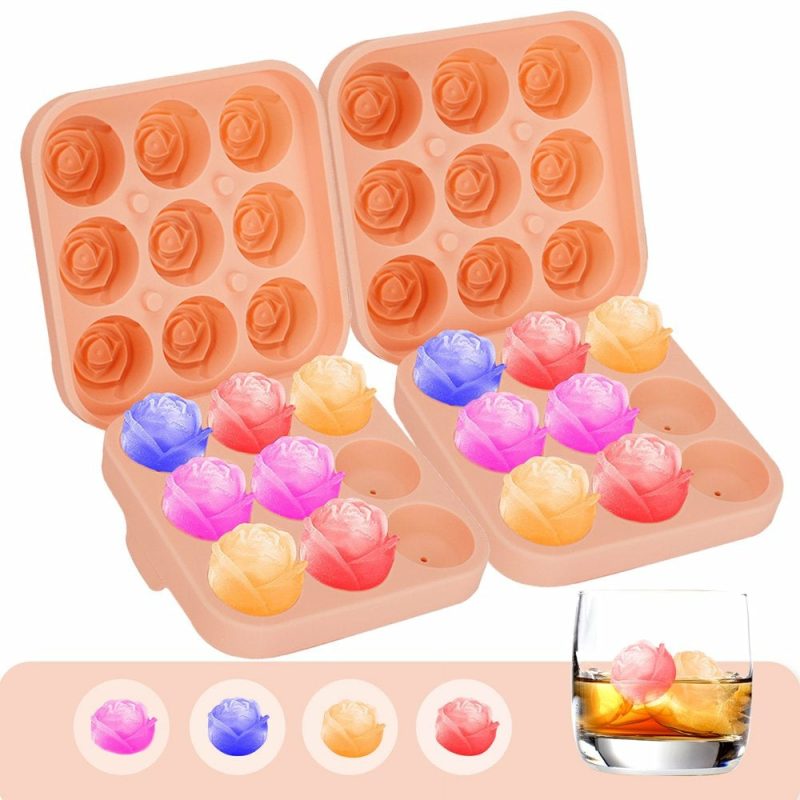 Kitchen & Dining |  2Pcs Silicone Ice Cube Tray, 3D Rose Ice Molds For Cocktails/Juice/Whiskey Bourbon Freezer, Reusable & Bpa Free, Pink Home Decor & Cleaning Kitchen & Dining