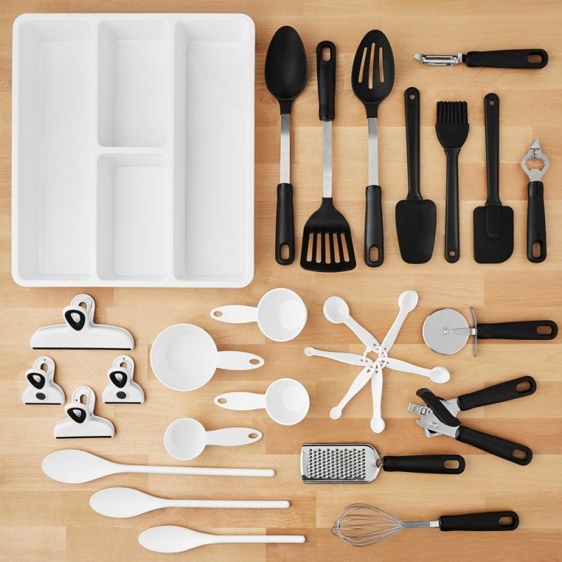 Kitchen & Dining |  30 Pcs Kitchen Gadget Set With Cooking Utensils, Measuring Cups, Clips, And Drawer Organizer, Black/White Home Decor & Cleaning Bradshaw International