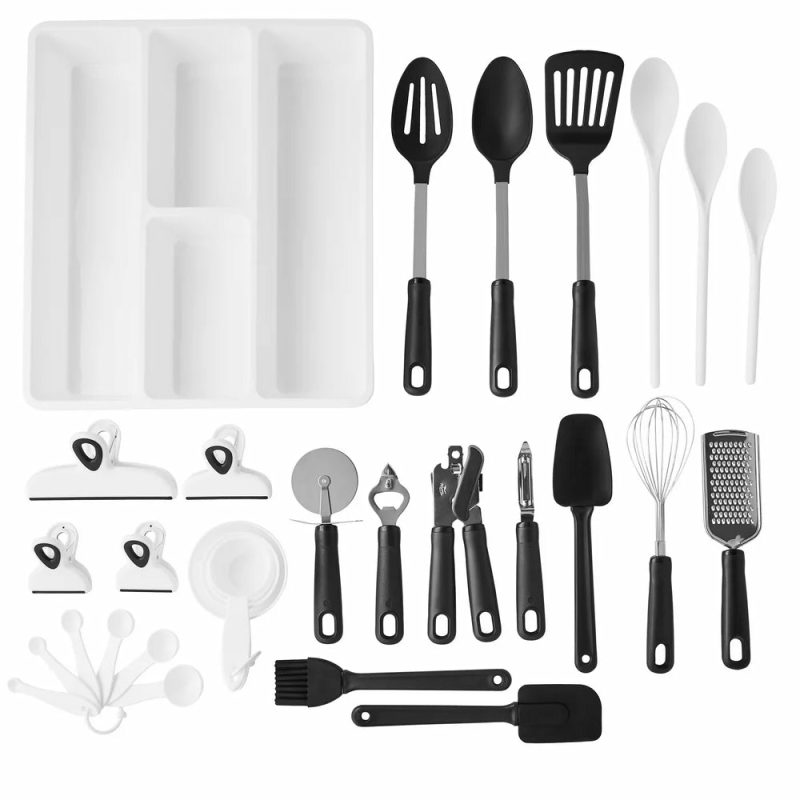 Kitchen & Dining |  30 Pcs Kitchen Gadget Set With Cooking Utensils, Measuring Cups, Clips, And Drawer Organizer, Black/White Home Decor & Cleaning Bradshaw International