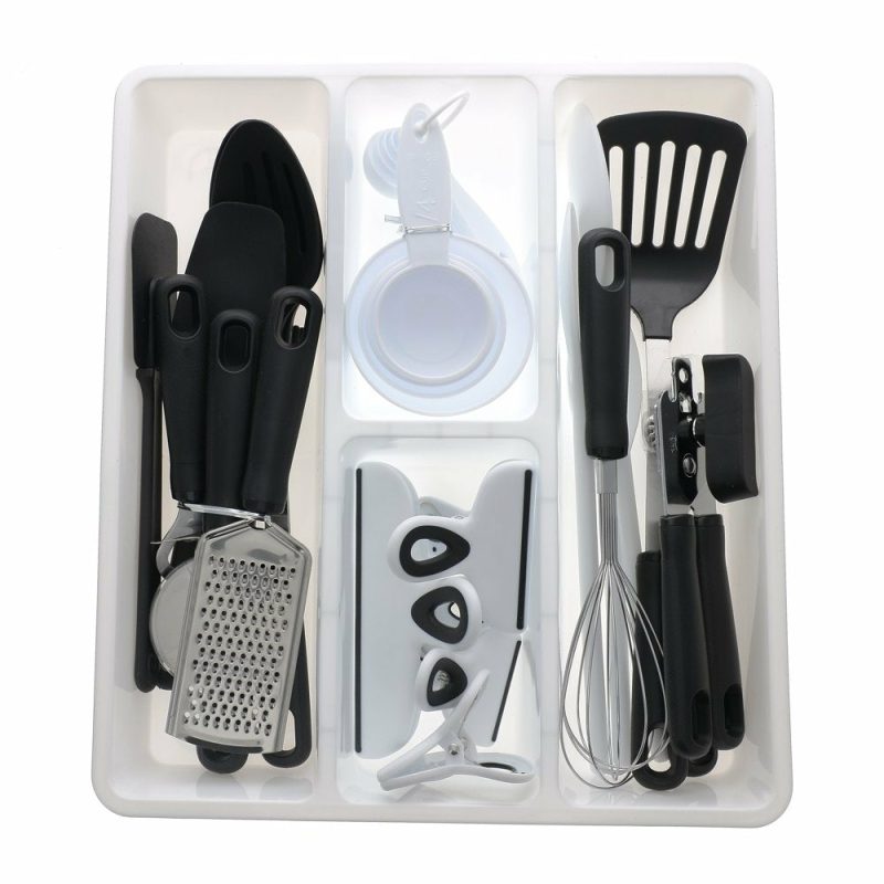 Kitchen & Dining |  30 Pcs Kitchen Gadget Set With Cooking Utensils, Measuring Cups, Clips, And Drawer Organizer, Black/White Home Decor & Cleaning Bradshaw International