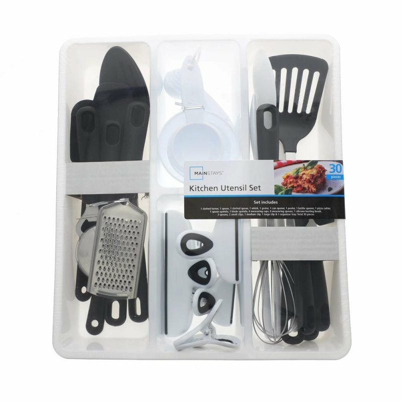 Kitchen & Dining |  30 Pcs Kitchen Gadget Set With Cooking Utensils, Measuring Cups, Clips, And Drawer Organizer, Black/White Home Decor & Cleaning Bradshaw International