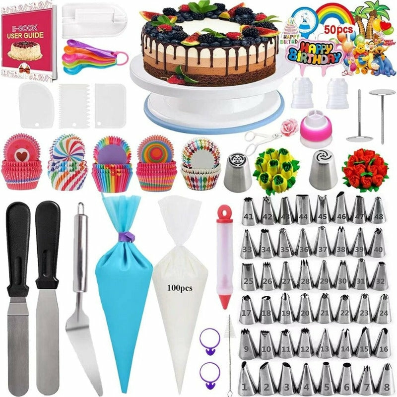 Kitchen & Dining |  322 Pcs Cake Decorating Supplies With Cake Turntable, 48 Piping Icing Tips, 100 Cupcake Wrappers, 100 Disposable Pastry Bags, For Beginners & Professional Home Decor & Cleaning Kitchen & Dining