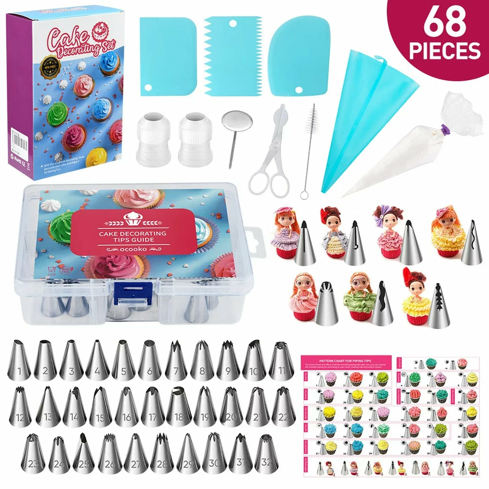 Kitchen & Dining |  68 Pcs Cake Decorating Kit With 32 Numbered Icing Tips | 7 Korean Piping Tips | 21 Pastry Bags | 3 Cream Scrapers Baking Tools For Cake Lovers Bakeware Bakeware