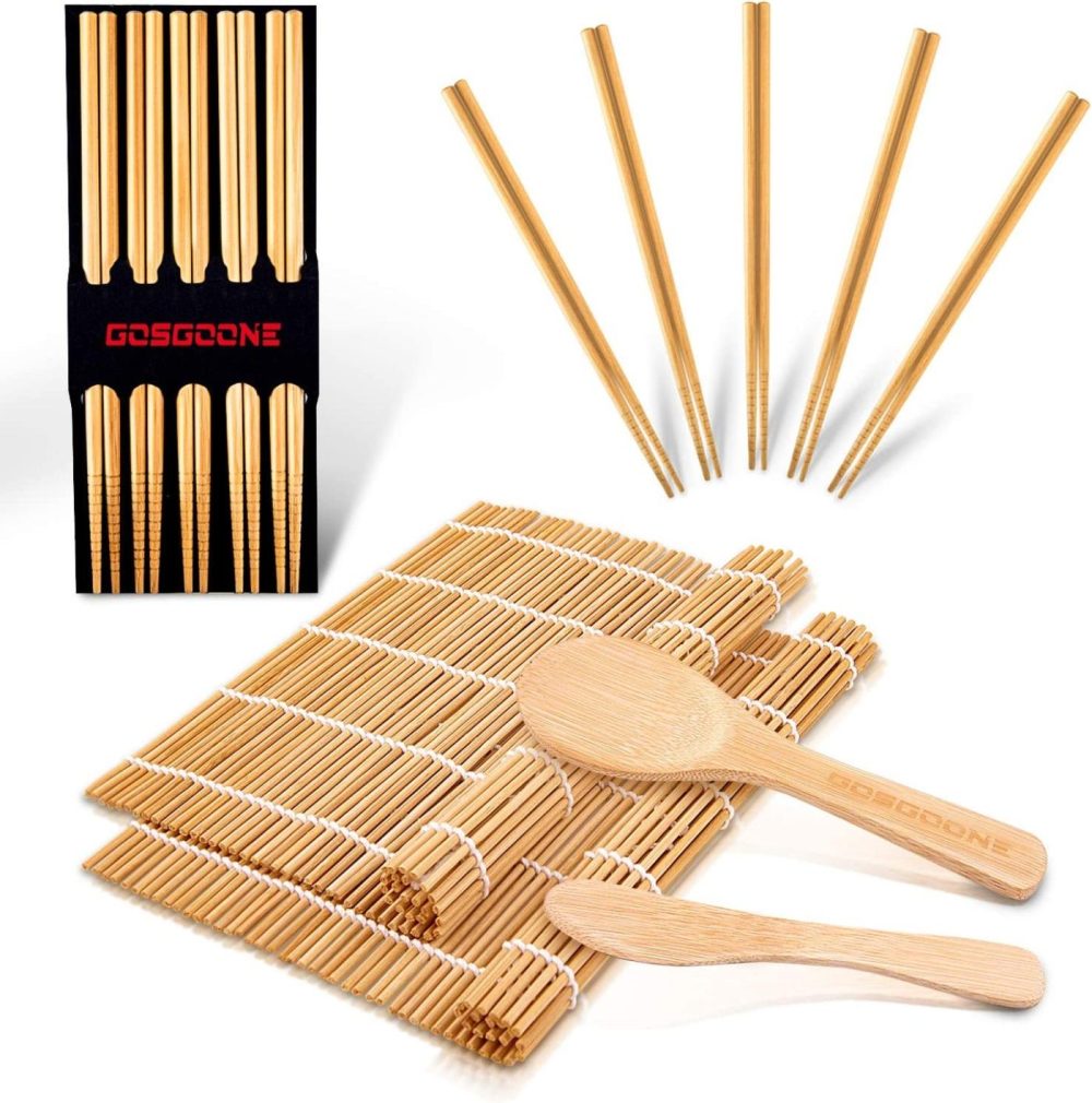 Kitchen & Dining |  9 Pcs Premium Sushi Making Kit, Thicken Bamboo Sushi Mat, Including 2 Sushi Roller, 5 Pairs Of Reusable Chopsticks, 1 Paddle, 1 Spreader, Sushi Maker Kit Set Ideal For Beginners And Kids By Gosgoone Dining & Entertaining Dining & Entertaining