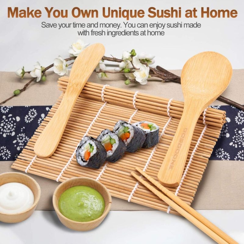 Kitchen & Dining |  9 Pcs Premium Sushi Making Kit, Thicken Bamboo Sushi Mat, Including 2 Sushi Roller, 5 Pairs Of Reusable Chopsticks, 1 Paddle, 1 Spreader, Sushi Maker Kit Set Ideal For Beginners And Kids By Gosgoone Dining & Entertaining Dining & Entertaining