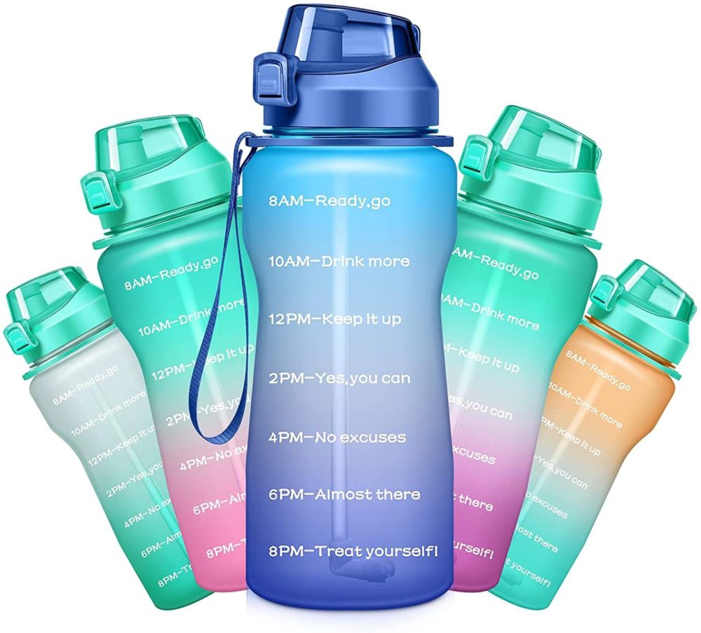 Kitchen & Dining |  Ahape Gallon Motivational 64/100 Oz Water Bottle With Time Marker & Straw, Large Daily Water Jug For Fitness Gym Outdoor Sports, Remind Of All Day Hydration, Leak Proof, Bpa Free (Blue+Purple, 100Oz) Home Decor & Cleaning Ahape