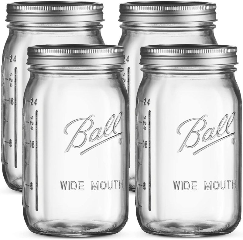 Kitchen & Dining |  Ball Regular Mouth Mason Jars 32 Oz [4 Pack] With Mason Jar Lids And Bands, Ball Mason Jars 32 Oz – For Canning, Fermenting, Pickling, Jar Decor – Microwave/Freeze/Dishwasher Safe + Sewanta Jar Opener Cookware Cookware