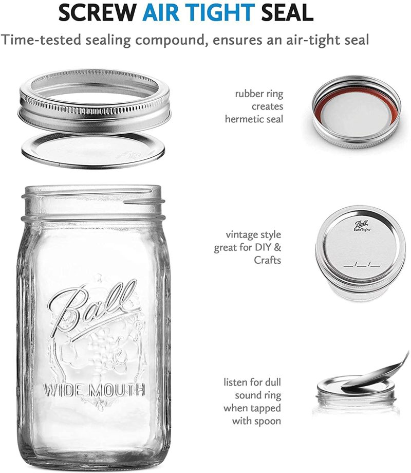 Kitchen & Dining |  Ball Regular Mouth Mason Jars 32 Oz [4 Pack] With Mason Jar Lids And Bands, Ball Mason Jars 32 Oz – For Canning, Fermenting, Pickling, Jar Decor – Microwave/Freeze/Dishwasher Safe + Sewanta Jar Opener Cookware Cookware