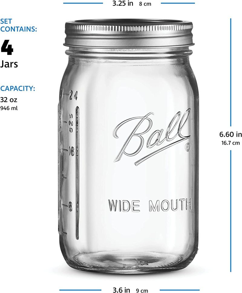 Kitchen & Dining |  Ball Regular Mouth Mason Jars 32 Oz [4 Pack] With Mason Jar Lids And Bands, Ball Mason Jars 32 Oz – For Canning, Fermenting, Pickling, Jar Decor – Microwave/Freeze/Dishwasher Safe + Sewanta Jar Opener Cookware Cookware