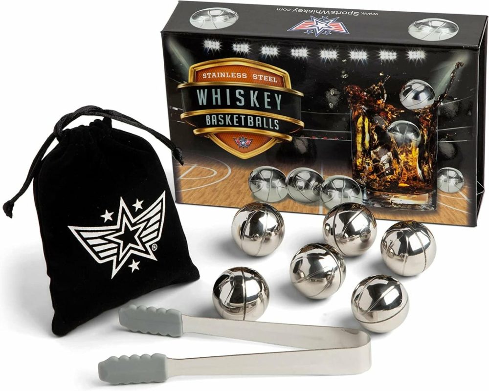 Kitchen & Dining |  Basketball Whiskey Stones – Set Of 6 Reusable Stainless Steel Whiskey Stones With Free Stainless Steel Tong And Velour Storage Bag For Whisky, Bourbon, Scotch & Wine Home Decor & Cleaning Basketball