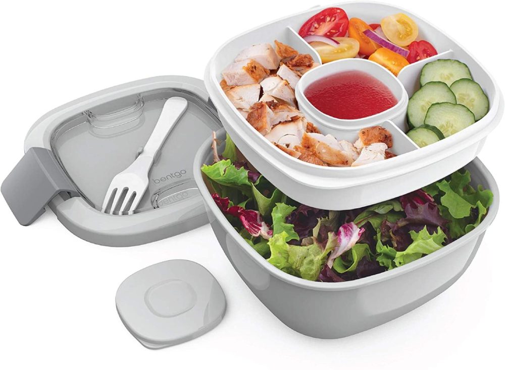 Kitchen & Dining |  Bentgo Salad – Stackable Lunch Container With Large 54-Oz Salad Bowl, 4-Compartment Bento-Style Tray For Toppings, 3-Oz Sauce Container For Dressings, Built-In Reusable Fork & Bpa-Free (Gray) Home Decor & Cleaning Bentgo