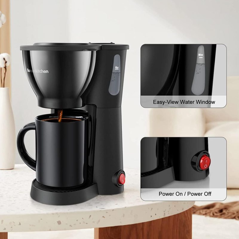 Kitchen & Dining |  Bonsenkitchen Mini Coffee Maker With Ceramics Mug, Compact One Cup Drip Coffee Machine With Durable Reusable Filter, Portable Coffee Brewer For Home And Office Coffee, Tea & Espresso Appliances Bonsenkitchen